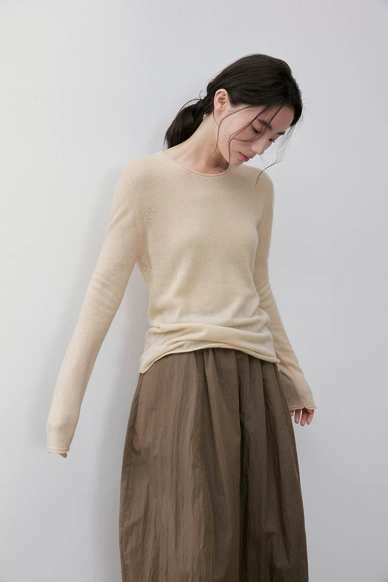 Oatmeal wool camel-blend pullover, front view on model