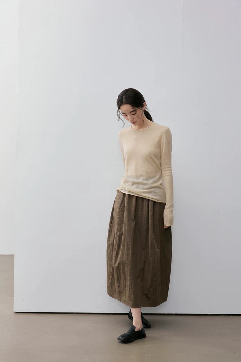 Oatmeal wool camel-blend pullover, full-length front view