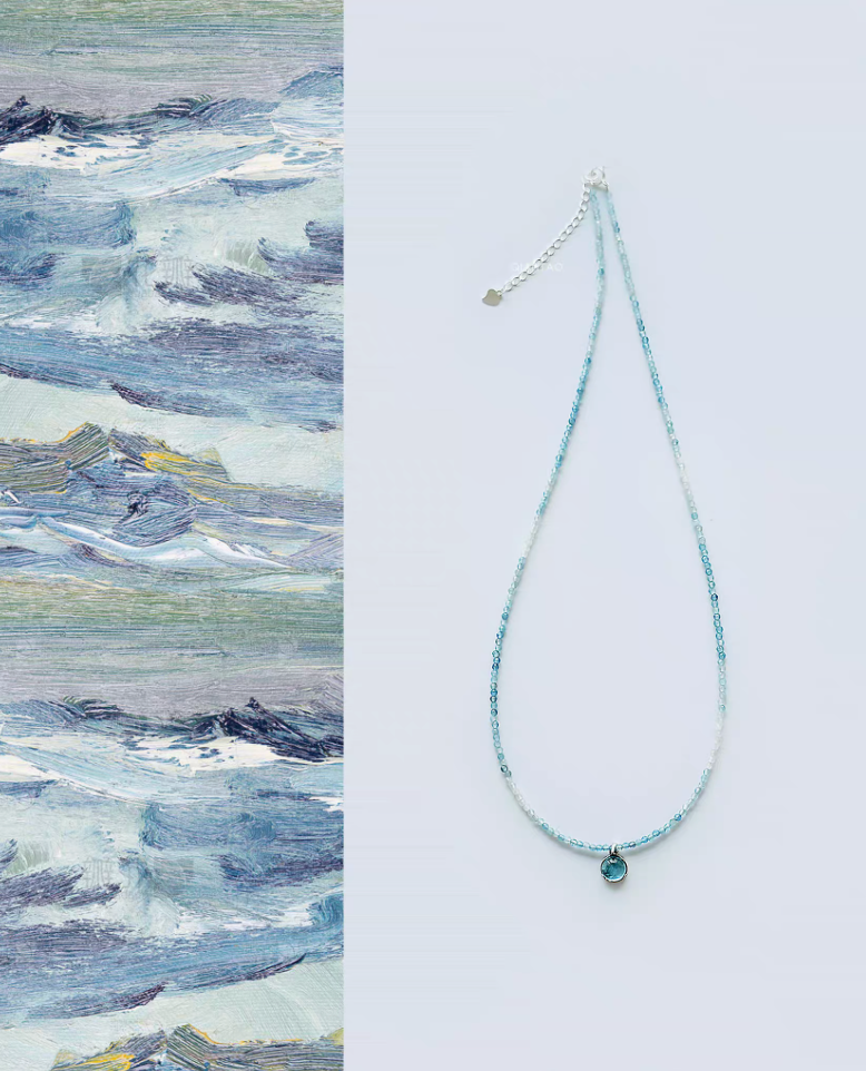 Ocean Breeze aquamarine necklace full view with light blue gradient gemstone beads and silver clasp