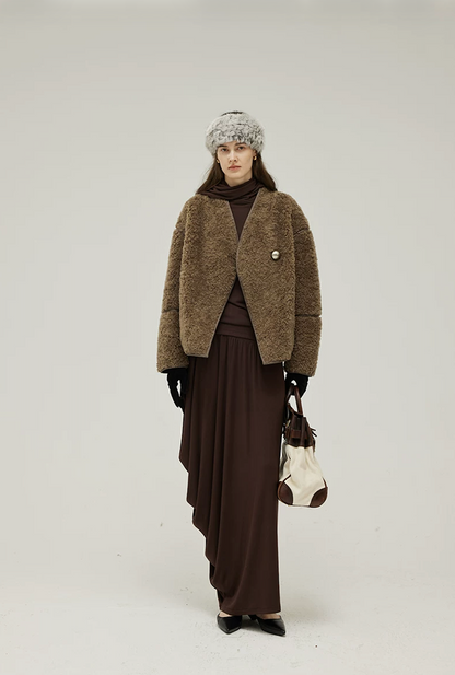 Full-length view of an Olive Brown hip-length wool teddy jacket with sheepskin-trimmed front edge