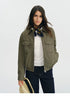 Olive cropped utility jacket worn open with the collar turned down, front view