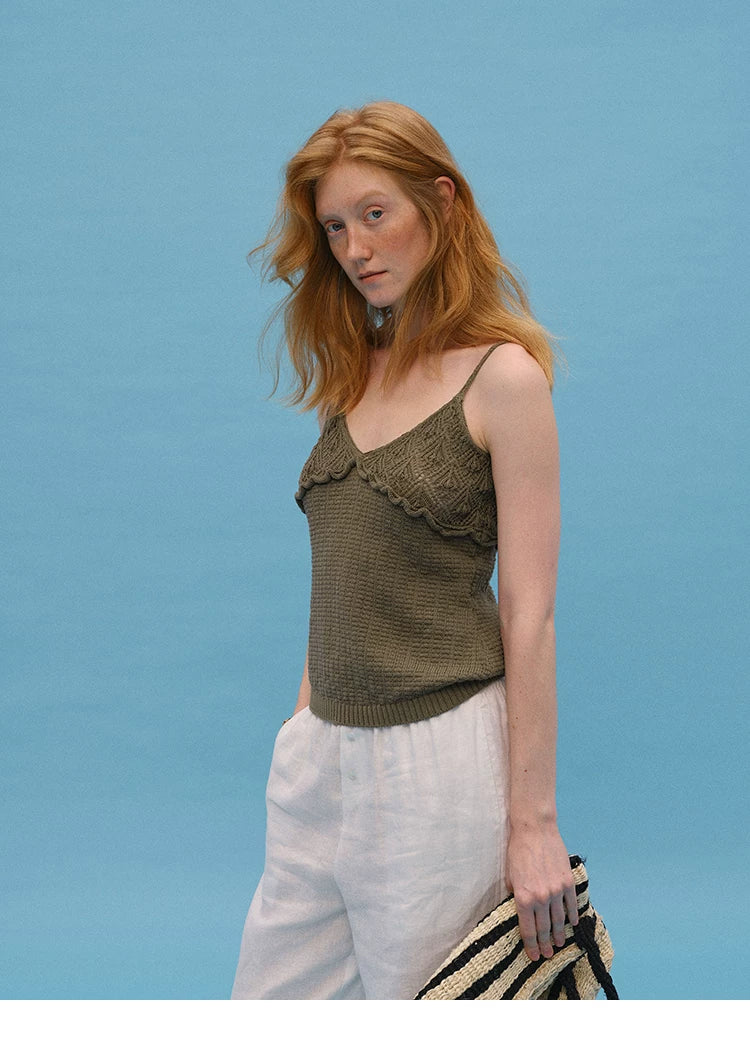 Three-quarter view of Olive Green knit cami showing scalloped crochet neckline