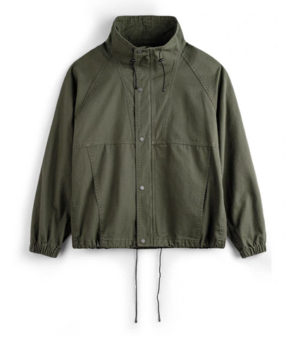 Men’s olive green M-65 utility jacket front view with stand collar and snap closure