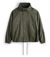 Men’s olive green M-65 utility jacket front view with stand collar and snap closure