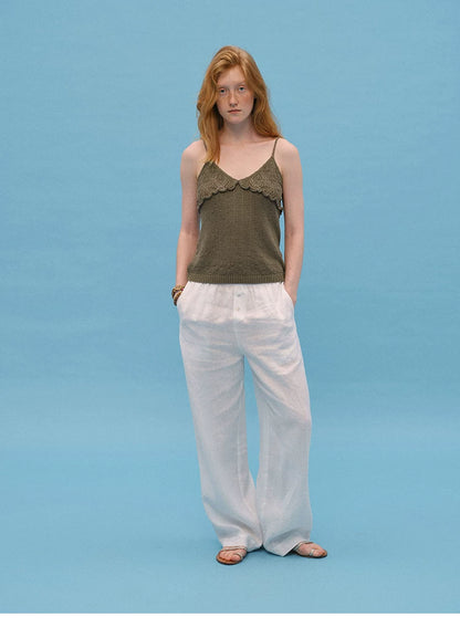 Full-length front view of Olive Green slim-fit cotton knit camisole