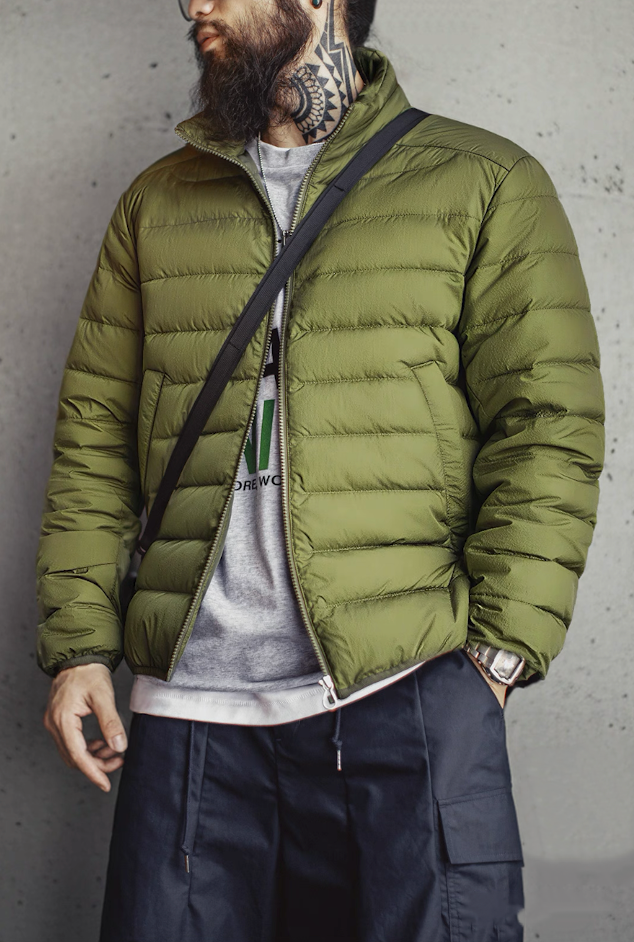 Man wearing Olive Green Down Jacket with crewneck sweatshirt