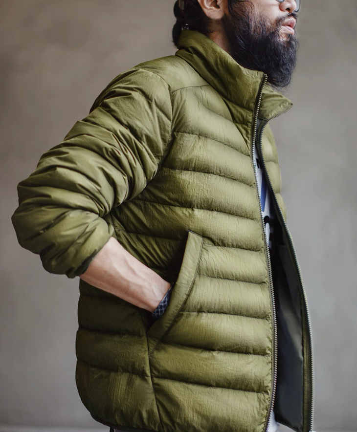 Side profile of Olive Green Ultra-Light Down Jacket showing pocket detail