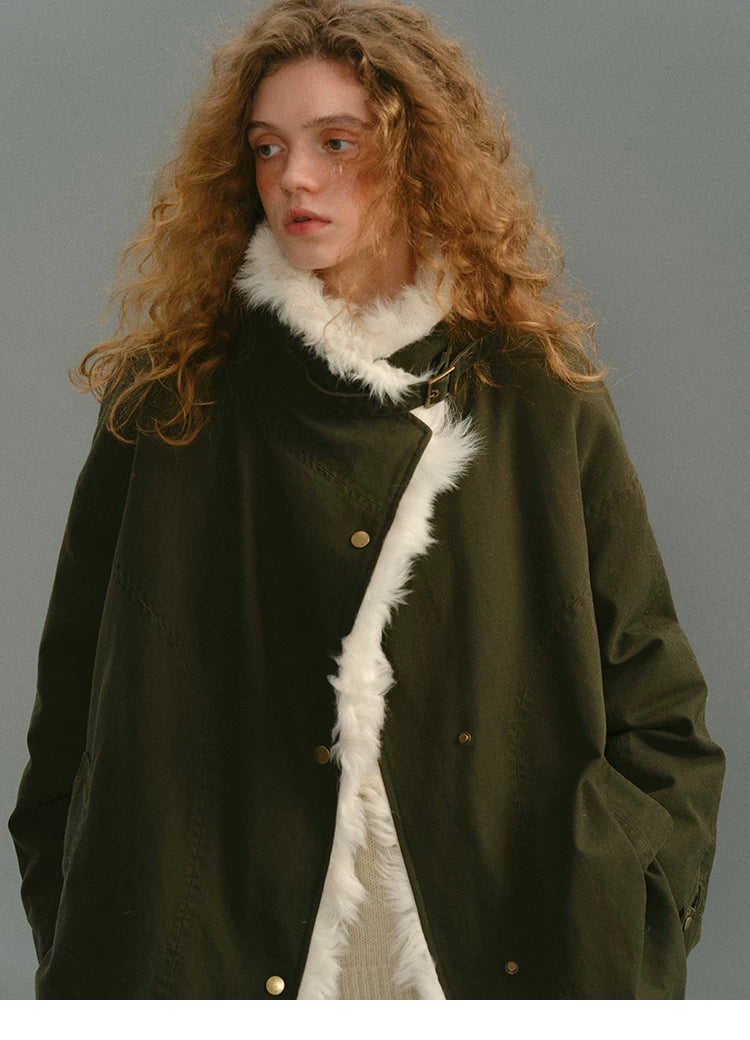 Olive cotton parka with shearling collar buckled at the throat and snap front