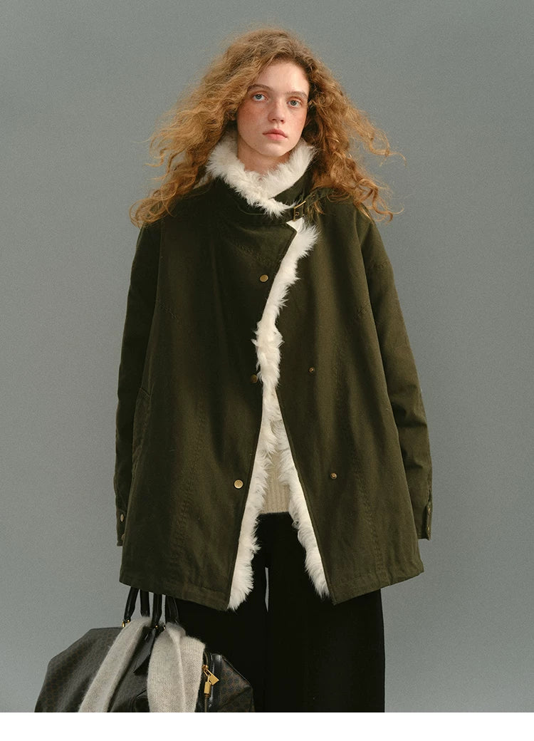 Olive oversized down parka with shearling-trimmed front edge and brass snaps