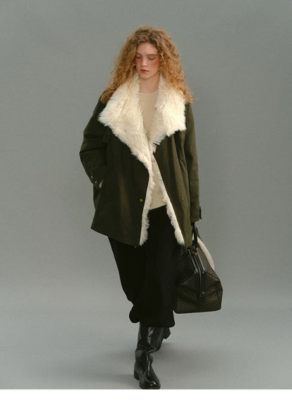 Full-length view of an Olive oversized cotton down parka with shearling lapels
