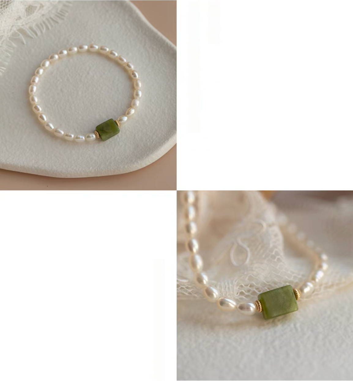 Close-up collage showing olivine jade centerpiece with natural pearl bracelet texture and gold spacers.