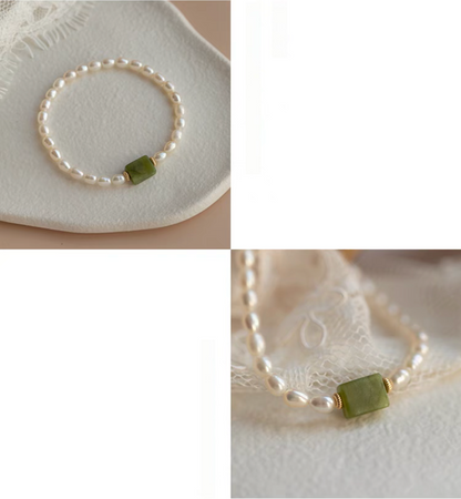 Close-up collage showing olivine jade centerpiece with natural pearl bracelet texture and gold spacers.
