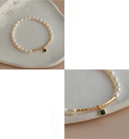 Collage detail of square gemstone olivine pearl bracelet highlighting pearl arrangement and green charm accent.
