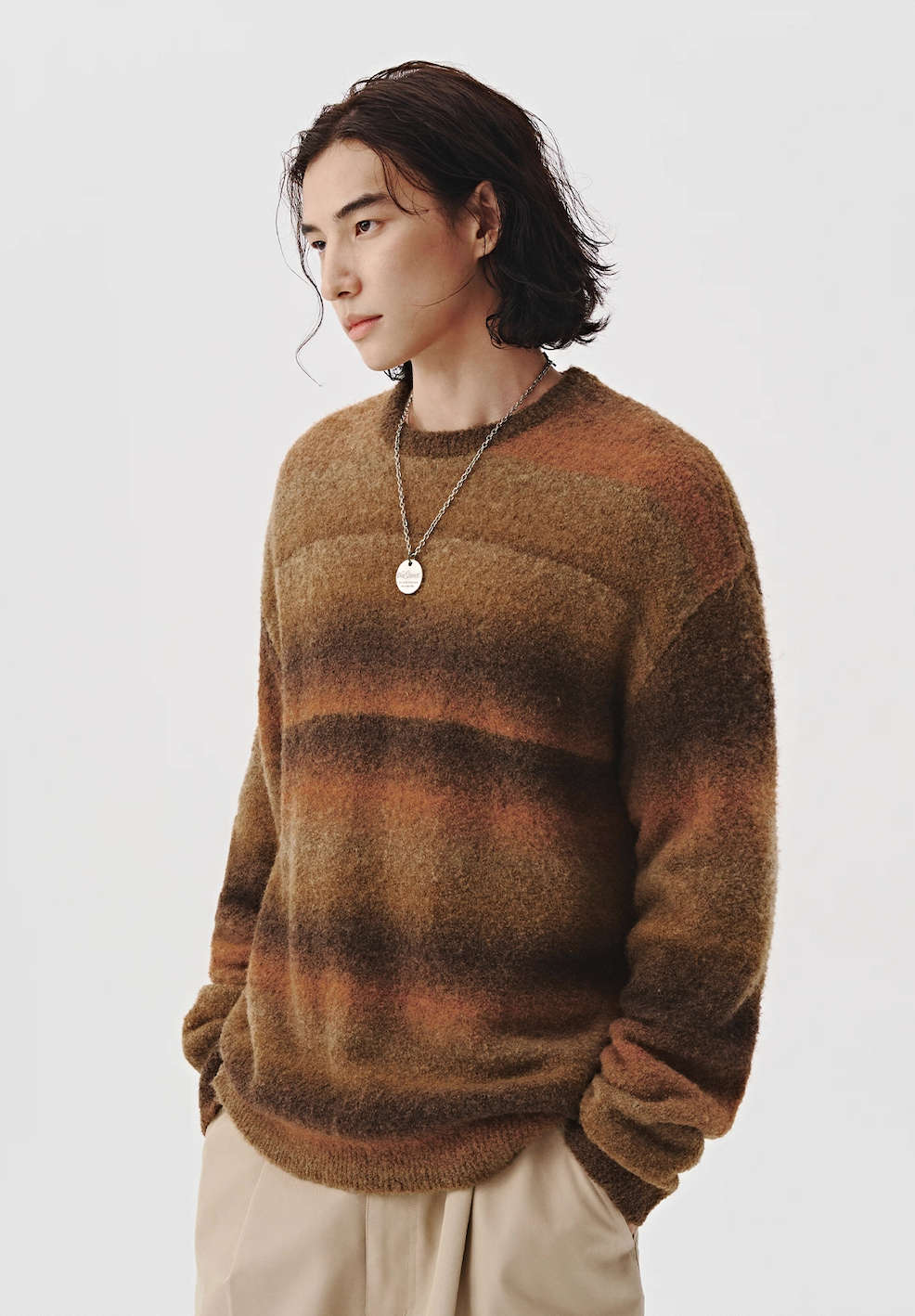 Model wearing brown ombre fuzzy knit sweater, casual fall outfit.
