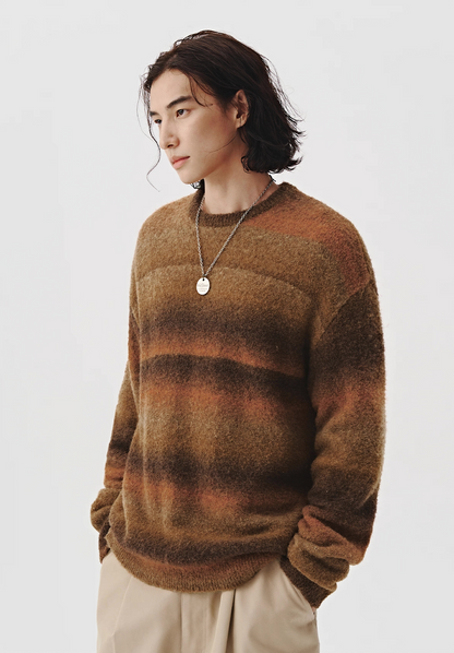 Model wearing brown ombre fuzzy knit sweater, casual fall outfit.