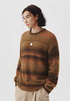 Model wearing brown ombre fuzzy knit sweater, casual fall outfit.