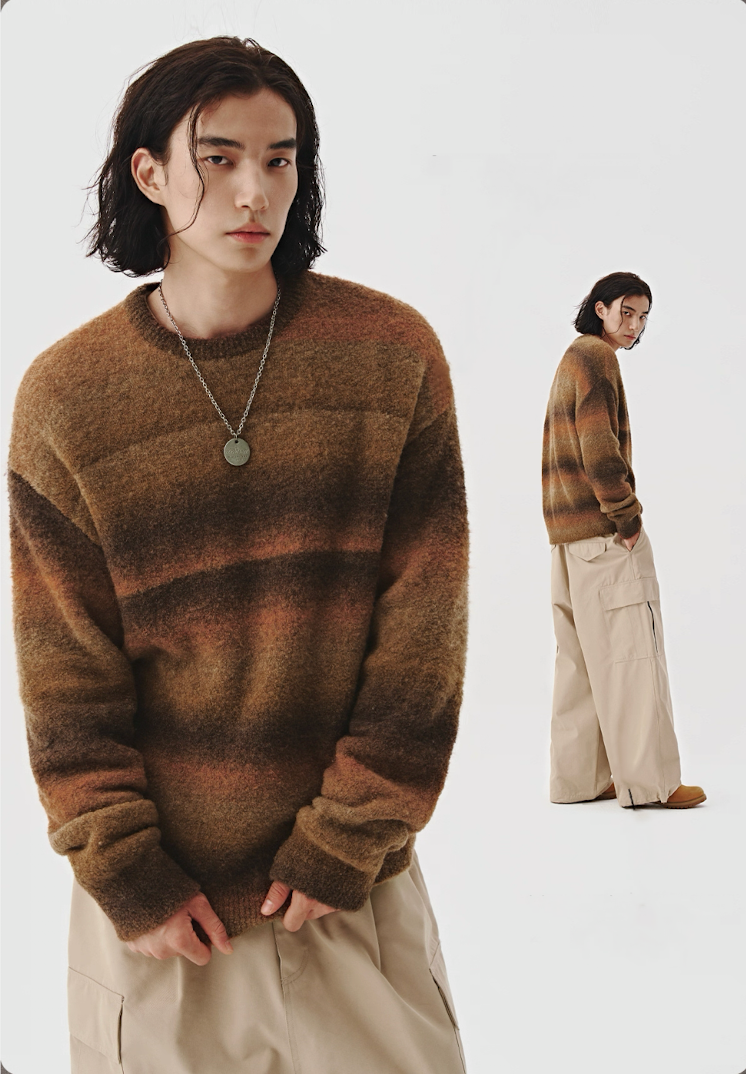 Men’s ombre knit sweater in sienna, styled with wide-leg pants.