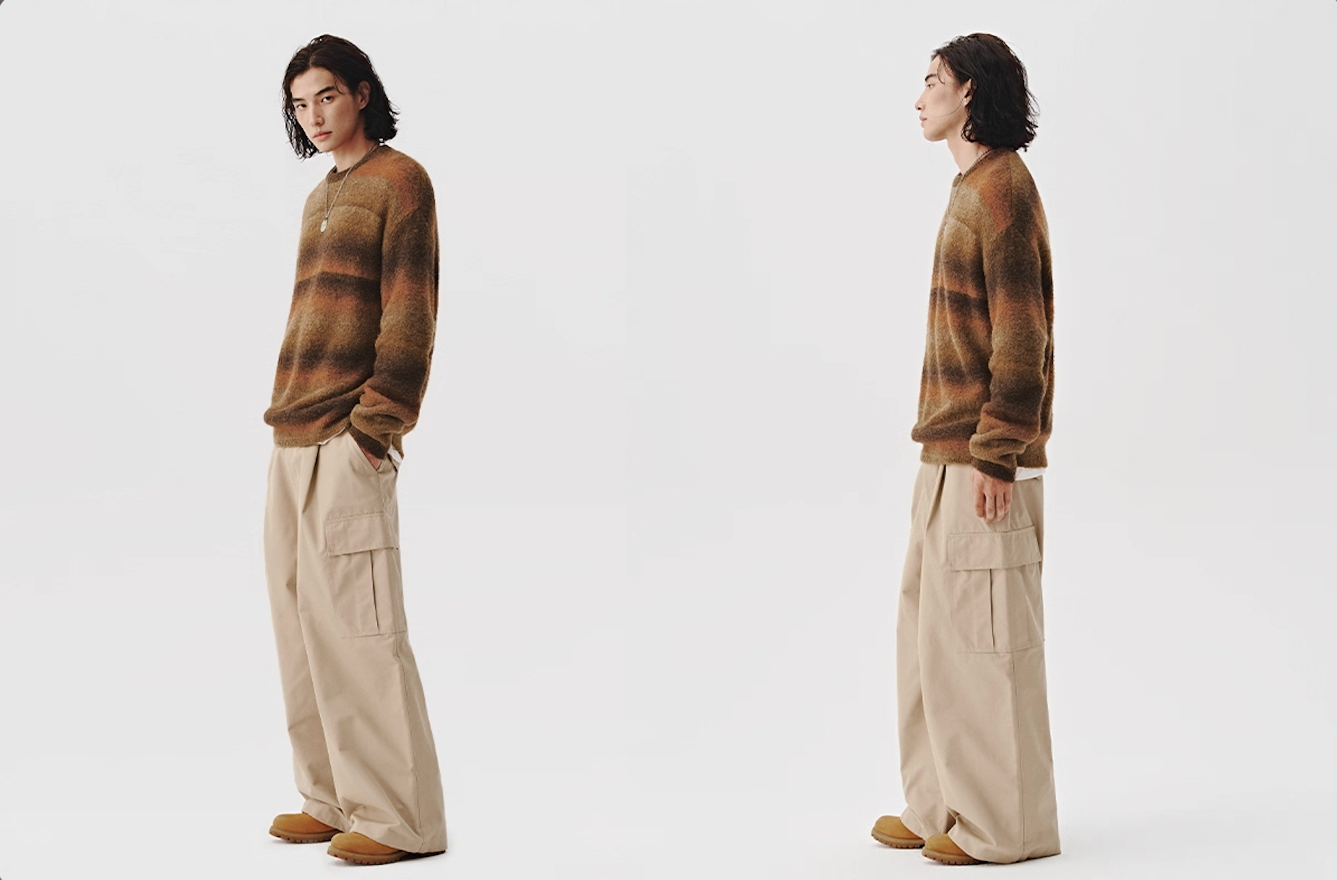 Gradient brushed knit sweater for men, side and front profile view.