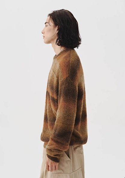 Side view of men’s gradient brushed knit sweater, relaxed silhouette.