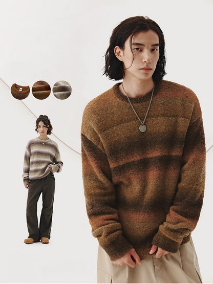 Unisex gradient stripe fuzzy sweater, brown tone close-up styling.