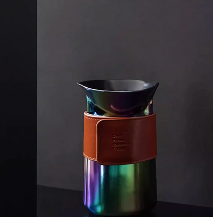 Aurora Black pour over coffee filter cup with iridescent metallic finish and leather sleeve detail