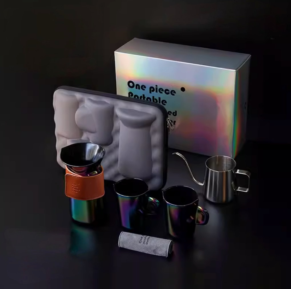 Aurora Black pour over coffee set full kit display with iridescent cups, filter cup, kettle, and portable case