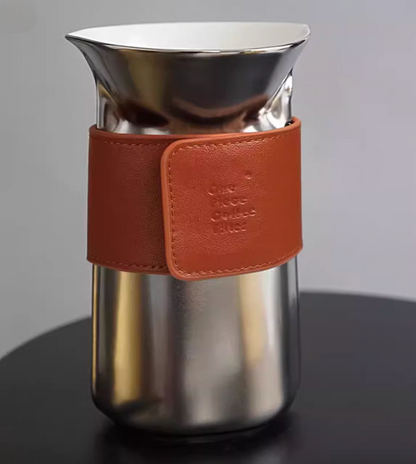 Water Silver pour over coffee filter cup with stainless steel body and brown leather sleeve detail