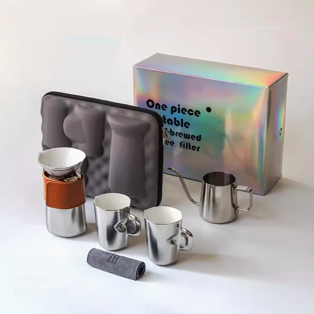 Water Silver pour over coffee set full kit display with filter cup, stainless steel kettle, cups, towel, and portable case