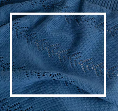 Close-up detail of Navy Blue Oversize Knit Throw Blanket showing textured cotton knit leaf pattern