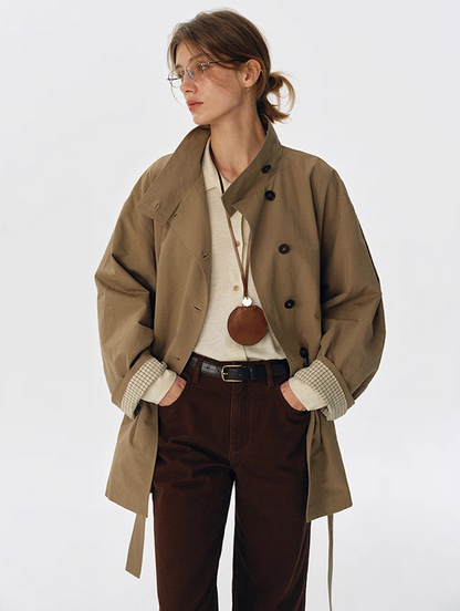 Model wearing palm khaki salt-shrunk trench jacket, relaxed front view