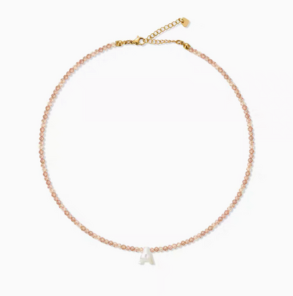 Personalized shell initial necklace with letter A charm on natural stone beaded chain minimal design
