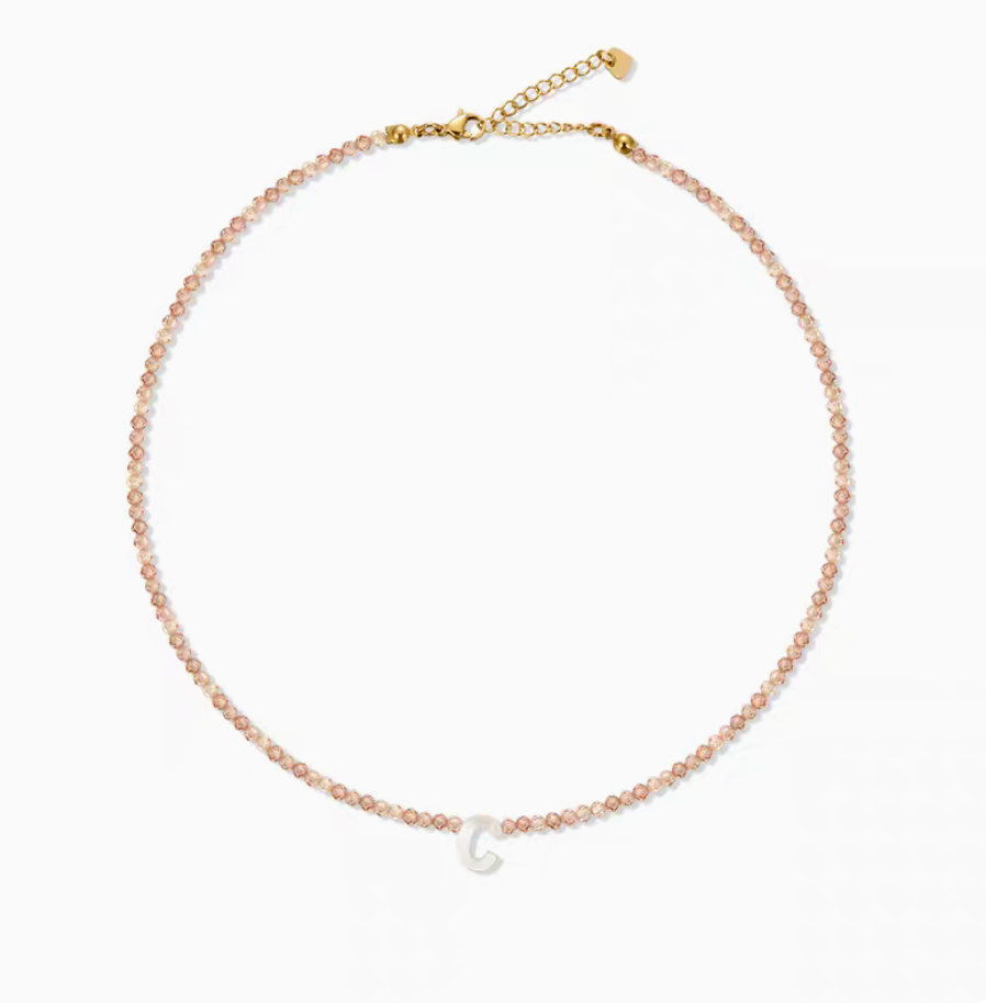 Personalized shell initial necklace with letter C charm on natural stone beaded chain clean product view