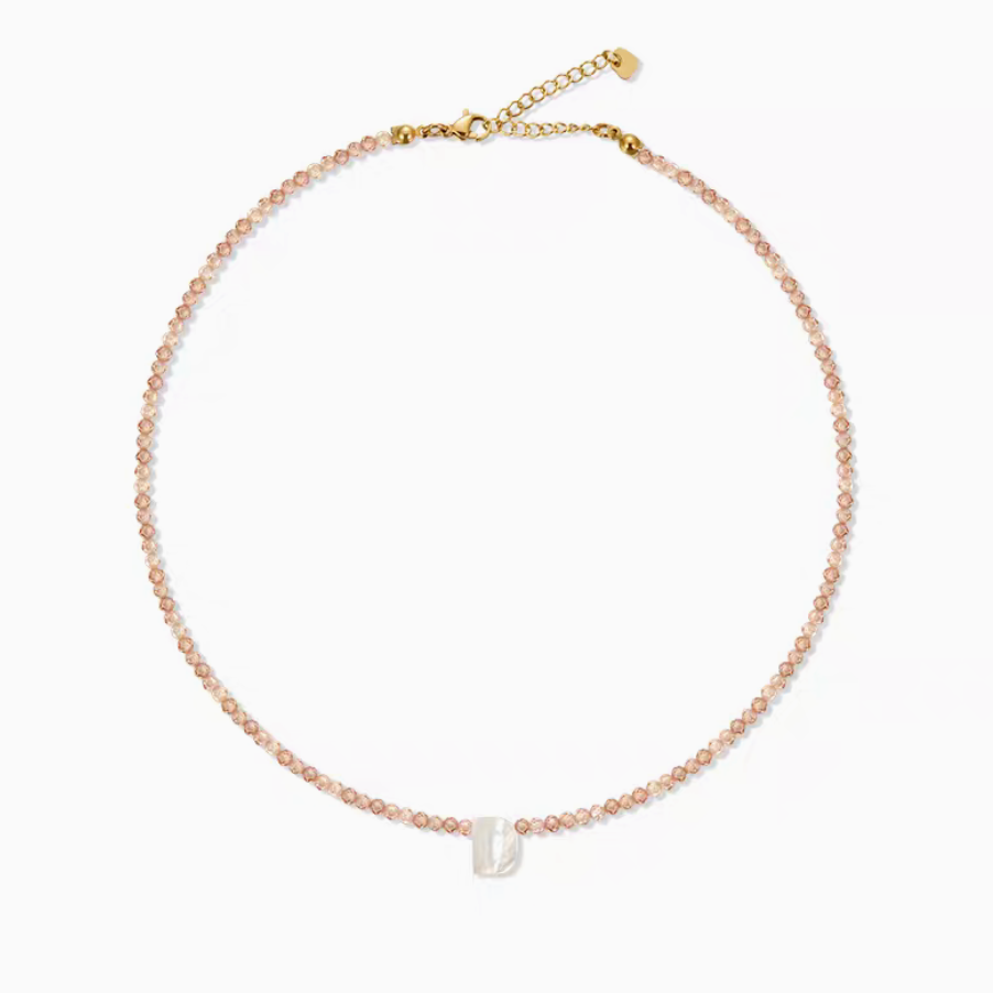 Personalized shell initial necklace with letter D charm on natural stone beaded chain clean product view