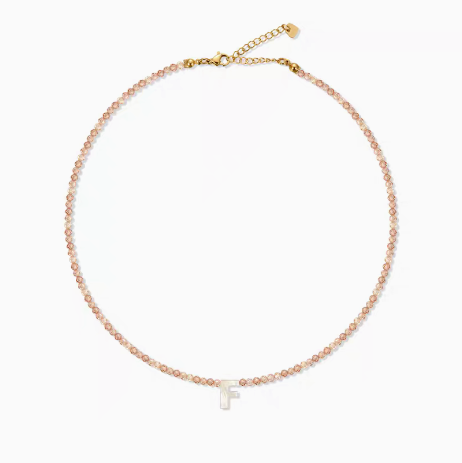 Personalized shell initial necklace with letter F charm on natural stone bead chain minimal product image