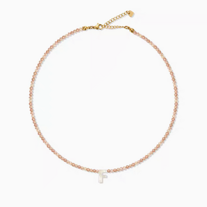 Personalized shell initial necklace with letter F charm on natural stone bead chain minimal product image