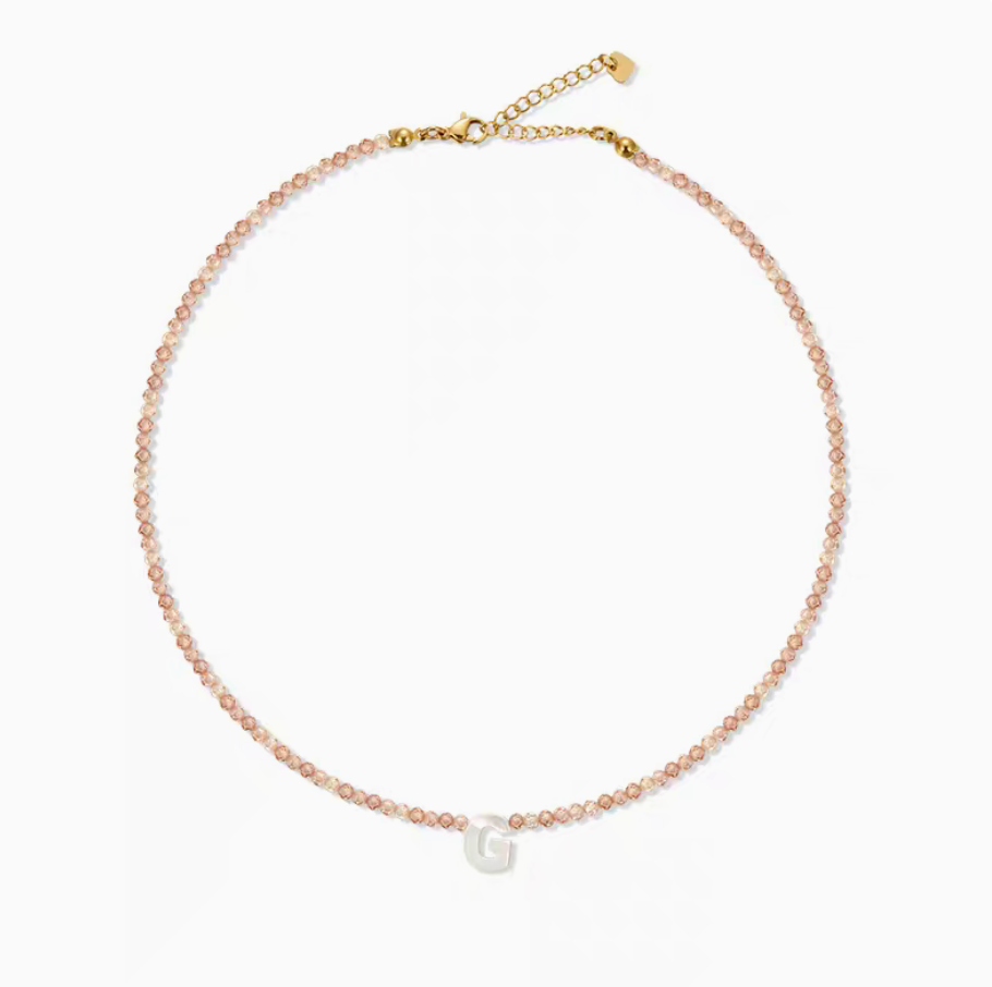 Natural color personalized shell initial necklace with letter G charm on delicate beaded chain