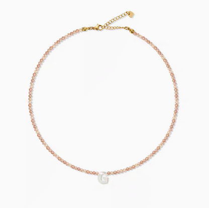 Natural color personalized shell initial necklace with letter G charm on delicate beaded chain