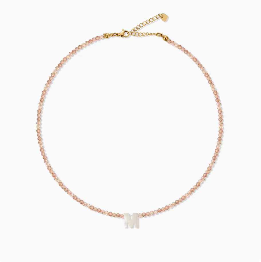 Personalized shell initial necklace with letter M charm on natural stone beaded chain minimal design
