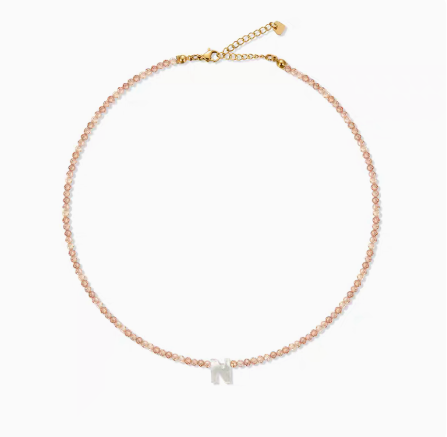 Natural color personalized shell initial necklace with letter N charm on delicate bead chain product view