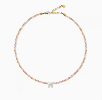 Natural color personalized shell initial necklace with letter N charm on delicate bead chain product view
