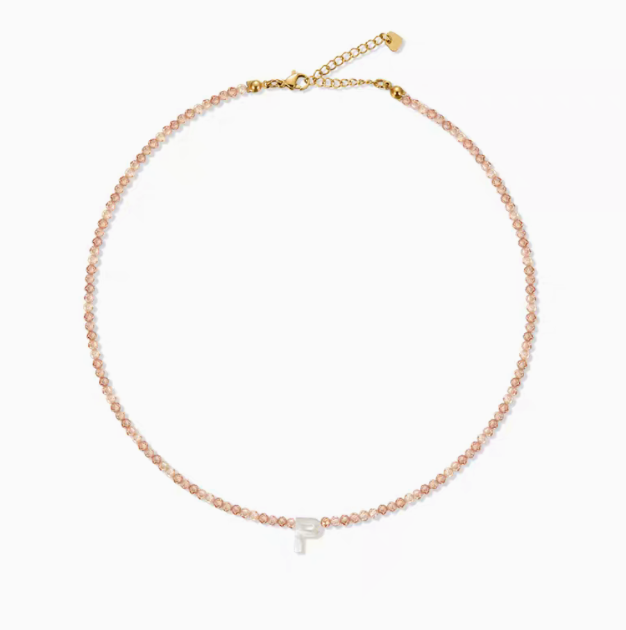 Personalized shell initial necklace with letter P charm on natural stone beaded chain clean product view