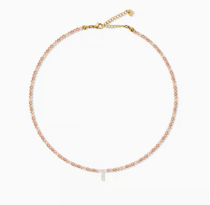 Personalized shell initial necklace with letter T charm on natural stone bead chain minimal product view