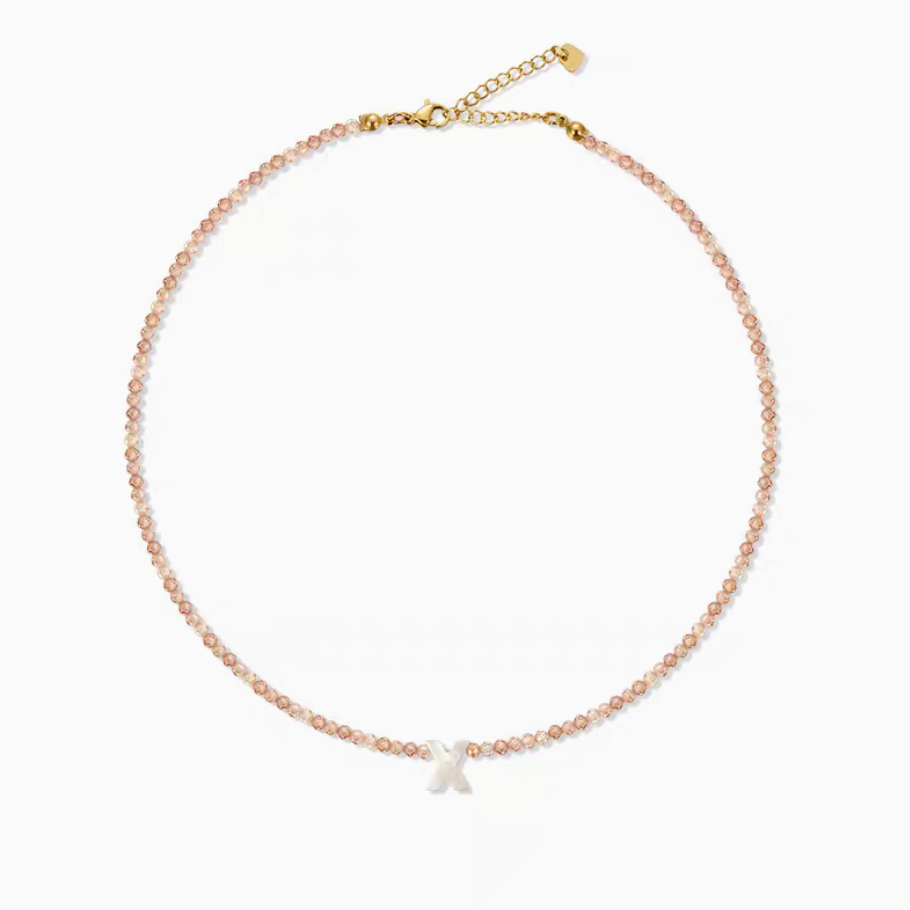 Personalized shell initial necklace with letter X charm on natural stone beaded chain product image