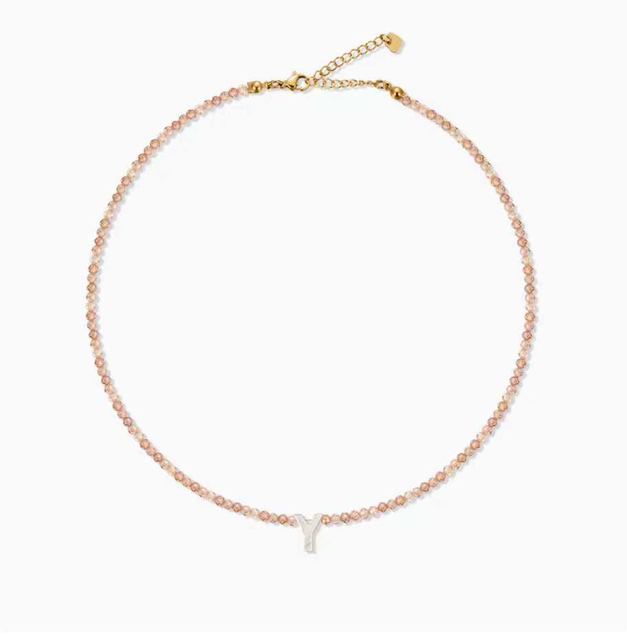 Natural color personalized shell initial necklace with letter Y charm on delicate bead chain minimal design