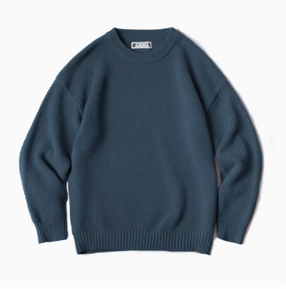 Pineapple Textured Crewneck Sweater atlantic blue front flat lay featuring chunky knit texture and crewneck design