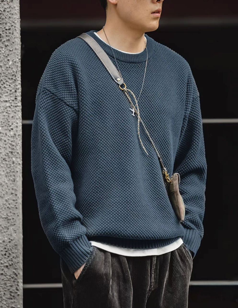 Pineapple Textured Crewneck Sweater atlantic blue worn casually with crossbody bag showing relaxed silhouette