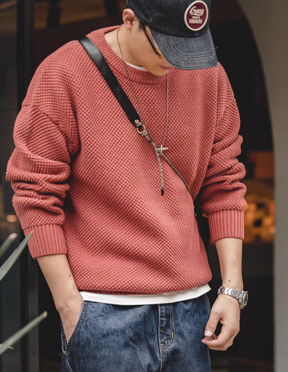 Pineapple Textured Crewneck Sweater orange red worn in casual outfit showing textured knit and relaxed fit
