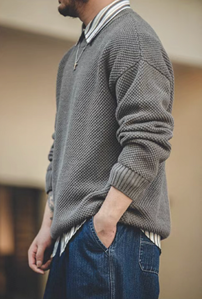 Pineapple Textured Crewneck Sweater polar gray side view showing drop shoulder design and structured knit texture