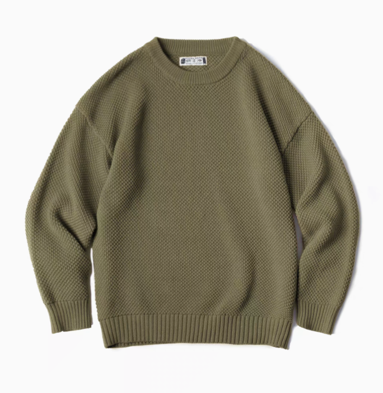 Pineapple Textured Crewneck Sweater warsaw green front flat lay showing waffle-like knit texture and ribbed cuffs