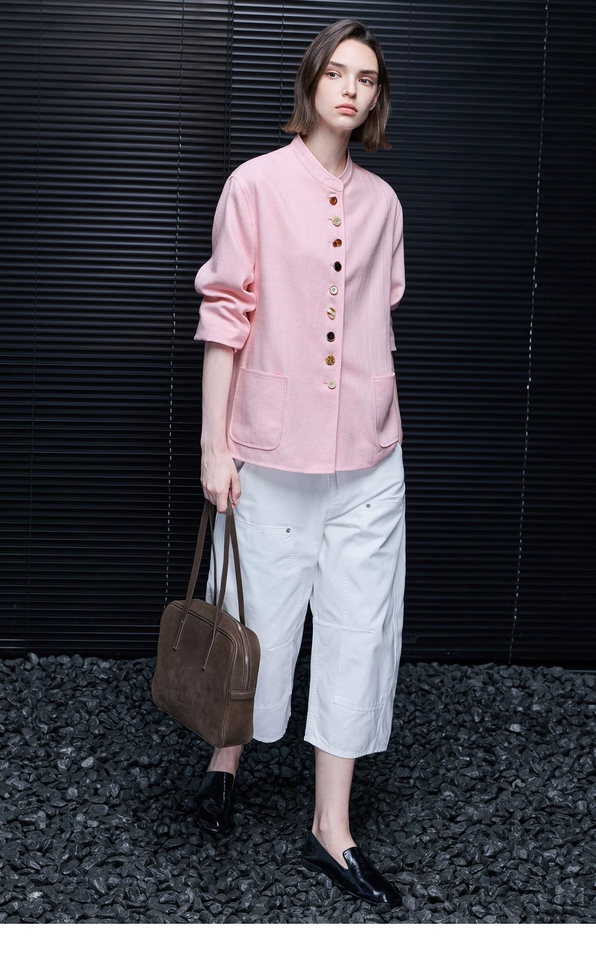 Pink relaxed linen-blend jacket with mixed buttons and rounded patch pockets